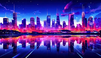 Obraz premium A vibrant, futuristic city skyline at night, illuminated by glowing skyscrapers reflecting off a calm body of water. The dynamic colors and modern design evoke a sense of urban energy and