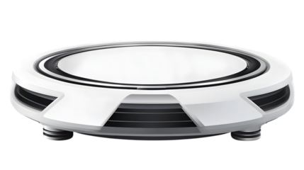 Futuristic white platform with circular black accents and sleek geometric details, ideal for sci-fi designs. Isolated on transparent background