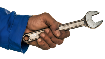 Hand of worker in blue uniform holding tool isolated on transparent background. Cutout.