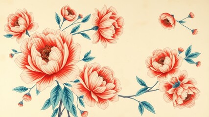 A Delicate Arrangement of Peach and Coral Blossoms with Teal Accents on a Cream Background