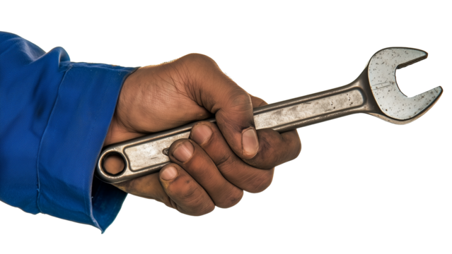 Hand of worker in blue uniform holding tool isolated on transparent background. Cutout. - Powered by Adobe