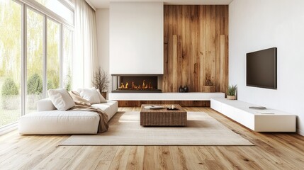 Bright and airy living room featuring a wood-paneled fireplace, minimalist white furniture, and warm earthy accents for a calming vibe
