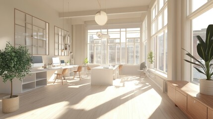 Bright and airy office with simple white desks, light hardwood floors, and massive windows creating a spacious, open vibe