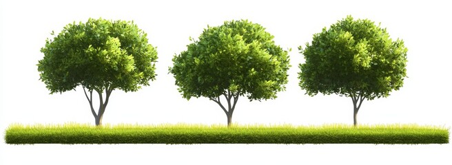 Fototapeta premium Three lush green trees on a grass patch, isolated on white.