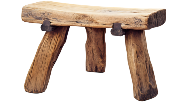 Rustic wooden stool featuring natural grain and a raw finish, ideal for farmhouse or modern decor settings. Isolated on transparent background