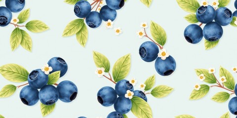 A delightful seamless pattern of blueberries and blossoms on a light blue background, perfect for textile designs and various creative projects.