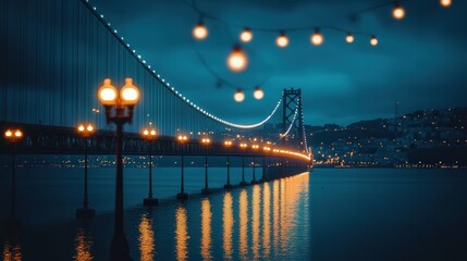 Fototapeta premium bridge at night with light bulb poles, their soft glow reflecting on the water below, and the distant lights of a cityscape in the horizon