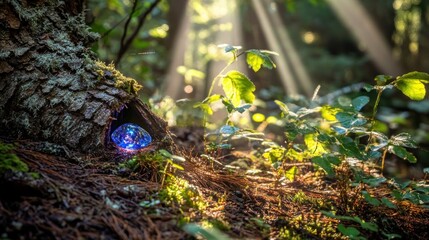 Fototapeta premium Glowing blue crystal nestled in a tree hollow in a sun-dappled forest.