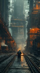 Naklejka premium Worker engaged in welding process inside industrial facility during evening shift hours