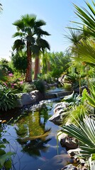 A tranquil oasis garden flourishing in the desert, with lush plants and a sparkling pool of water, offering a refreshing contrast to the barren landscape.