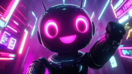 Fototapeta premium Happy robot in neon cyberpunk city.