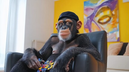 Chimpanzee wearing a hat sits in a leather chair, holding colorful puzzle pieces.