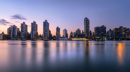 A long exposure photograph of a city skyline at dusk, showing the reflection of the city lights in the water.