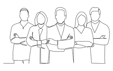 One continuous single line drawing group of young male and female doctors pose standing together, Teamwork medical concept single line draw design vector illustration.