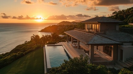 Fototapeta premium Luxury villa overlooking ocean sunset.
