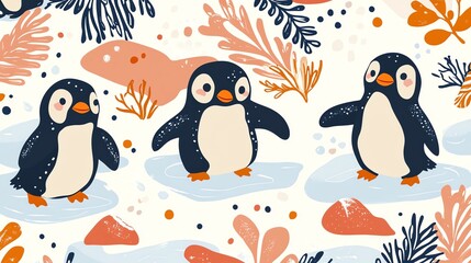 Three cute cartoon penguins standing on ice floes with a white background and orange and blue abstract shapes.