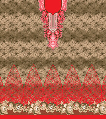 An elaborate motif characterized by vibrant red and deep brown colors, 
presenting a visually...