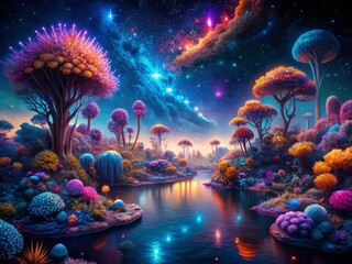 Vibrant Night Landscape: Colorful Ecosystem Under Starry Sky