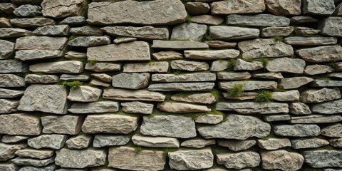 A rustic stone wall texture featuring irregularly shaped stones and patches of vibrant green moss