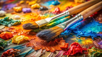 Obraz premium Vibrant Oil Paint Palette Close-Up: Artistic Tools & Colors