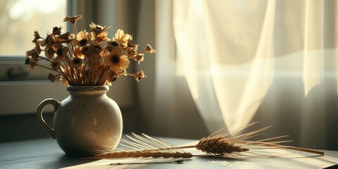 Dried flowers in a vase with wheat stalks on a table by a sunlit window
