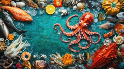 Fresh seafood arrangement on ice, featuring octopus, fish, shellfish, and lemon slices.