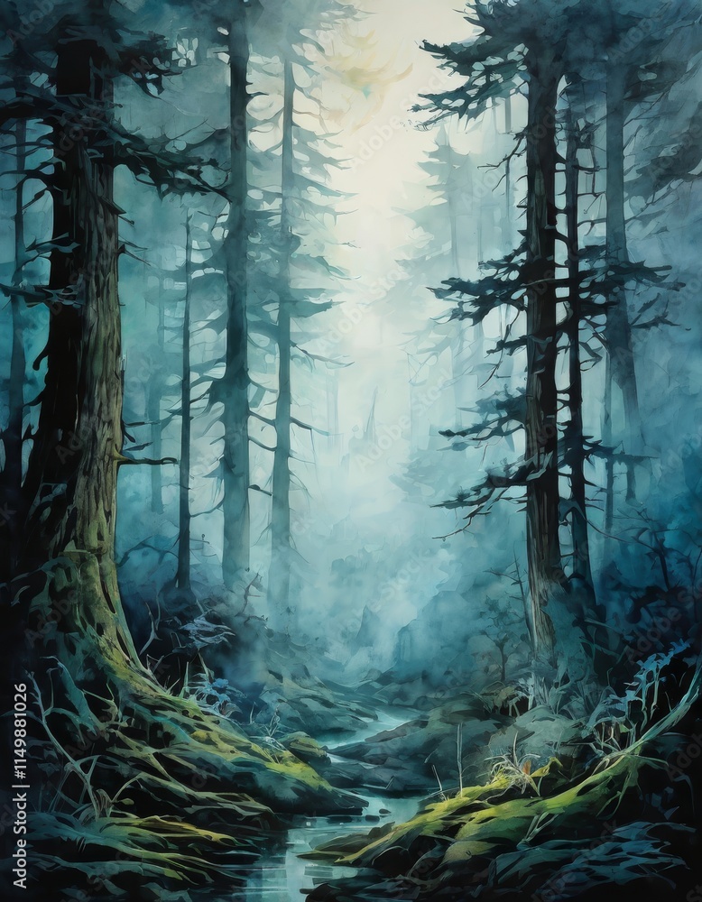 Poster a tranquil and mystical forest scene with towering trees shrouded in mist. the soft lighting and lus