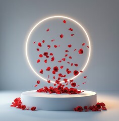 Red rose petals gently fall around a circular light display in a minimalist setting
