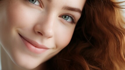 Fototapeta premium Close-up of a smiling woman with clear skin, soft natural light, space on the left for text,generative ai illustration