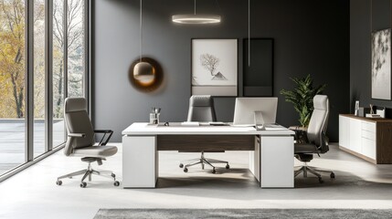 Modern office interior with large desk, chairs, and natural light.
