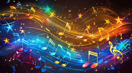 Fototapeta premium A colorful, glowing abstract background with musical notes, stars, and streaks of light.
