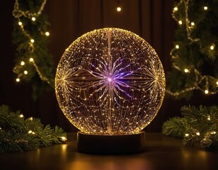 A mesmerizing glass sphere with glowing lights surrounded by festive greenery.