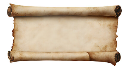 Antique parchment scroll featuring an aged texture with curled edges, perfect for historical or vintage themes. Isolated on transparent background
