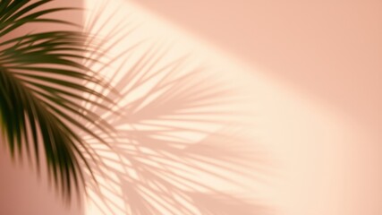 Fototapeta premium Soft sunlight casts a palm frond shadow on a peach-colored wall, creating a serene and minimalist image.