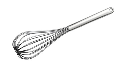 Stainless steel whisk with a sleek handle, perfect for beating eggs and mixing ingredients in the kitchen. Isolated on transparent background