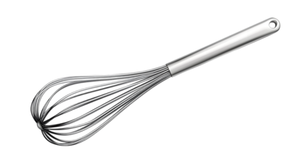 Stainless steel whisk with a sleek handle, perfect for beating eggs and mixing ingredients in the kitchen. Isolated on transparent background