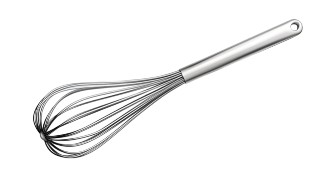 Stainless steel whisk with a sleek handle, perfect for beating eggs and mixing ingredients in the kitchen. Isolated on transparent background