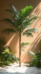 Fototapeta premium Sunlight streaming through leaves of palm tree in tranquil indoor garden setting