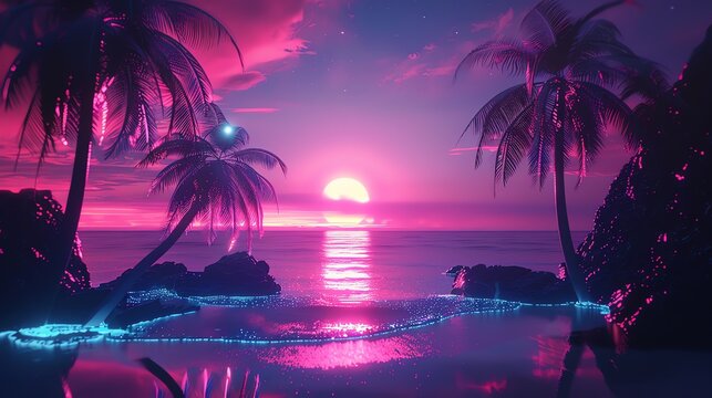 A synthwave inspired sunset on a tropical beach. - Powered by Adobe