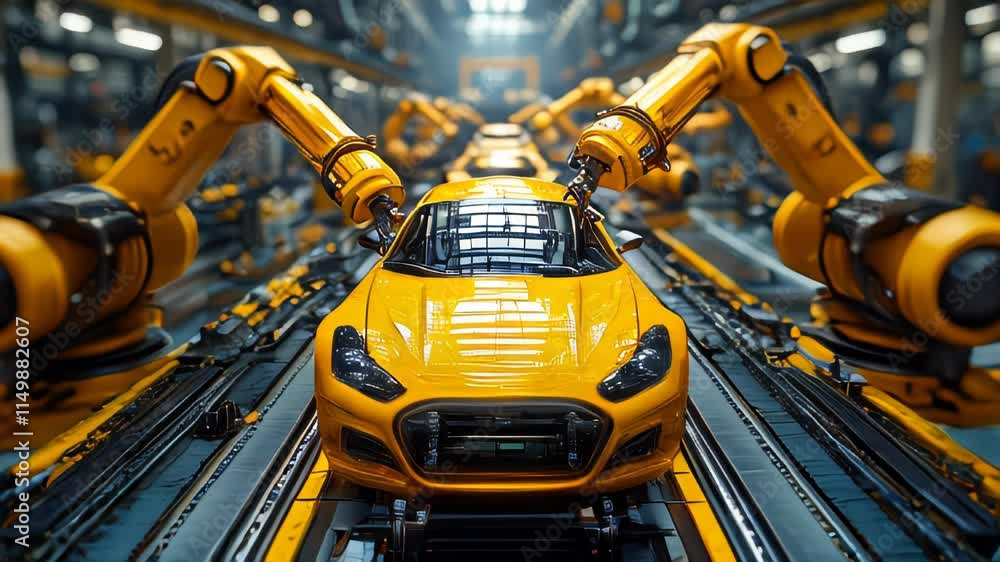 Poster advanced yellow robotic arm assembling electronic components on a production line in a high-tech fac