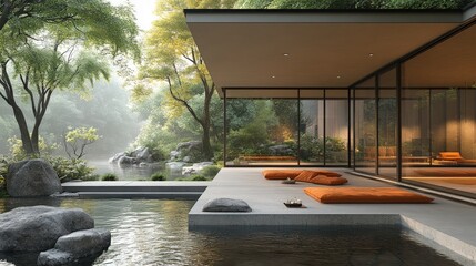 Modern house, serene pool, forest view.