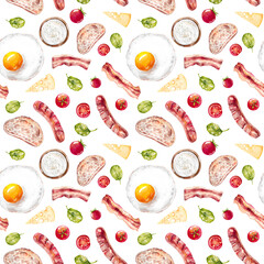 Watercolor fried egg with grilled sausages, bacon, fresh spinach leaves, toast, cheese and tomatoes