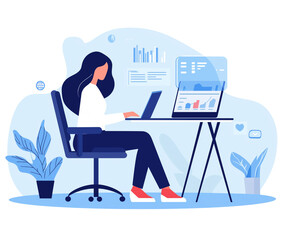 A woman working on laptop on a transparent background, artwork