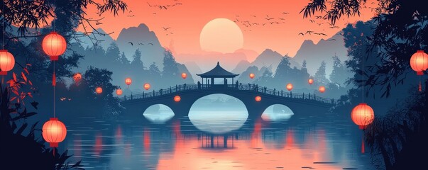 Chinese New Year Lanterns Light Up the Ceremony concept. Serene sunset over a bridge with lanterns in a tranquil landscape.