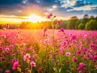 Obraz premium Vibrant Pink Flowers Blooming in a Sunlit Field - Spring Meadow Photography