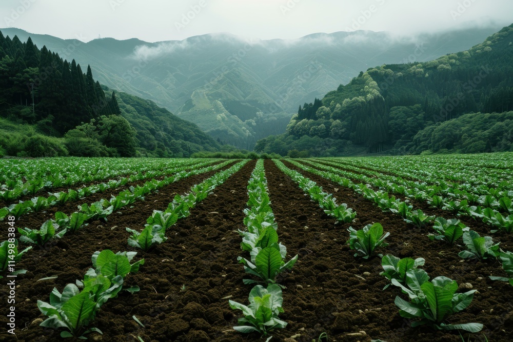 Poster lettuce crop growing in neat rows in a field at the foot of a mountain range