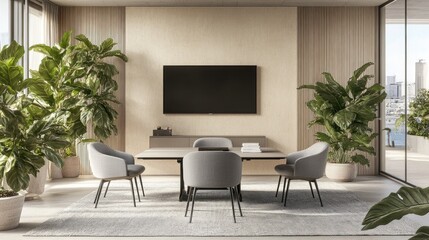 Modern minimalist meeting room with large screen, plants, and grey chairs.