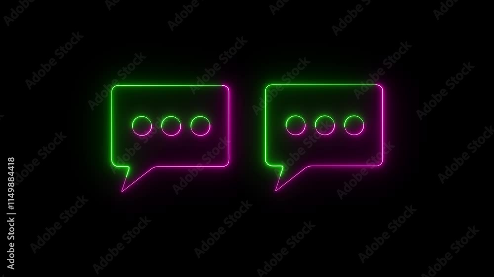 Poster glowing neon chat icon animation with neon message lines on a sleek black background.
