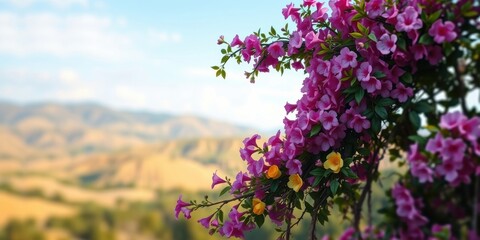 Vibrant Pink Flowers Cascading Against a Softly Blurred Mountain Landscape