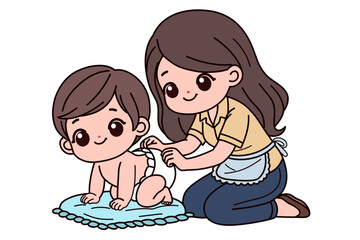 Changing a baby’s diaper. Vector illustration in cartoon style.
